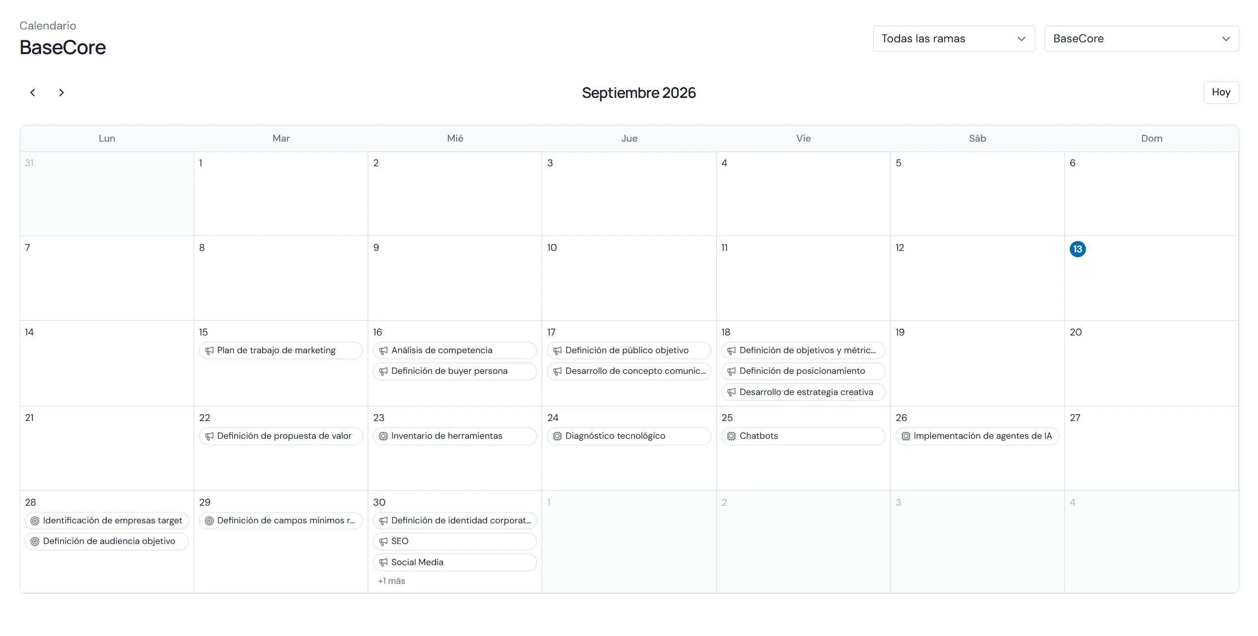 Vista de Calendario de BaseHub con las tareas organizadas por día